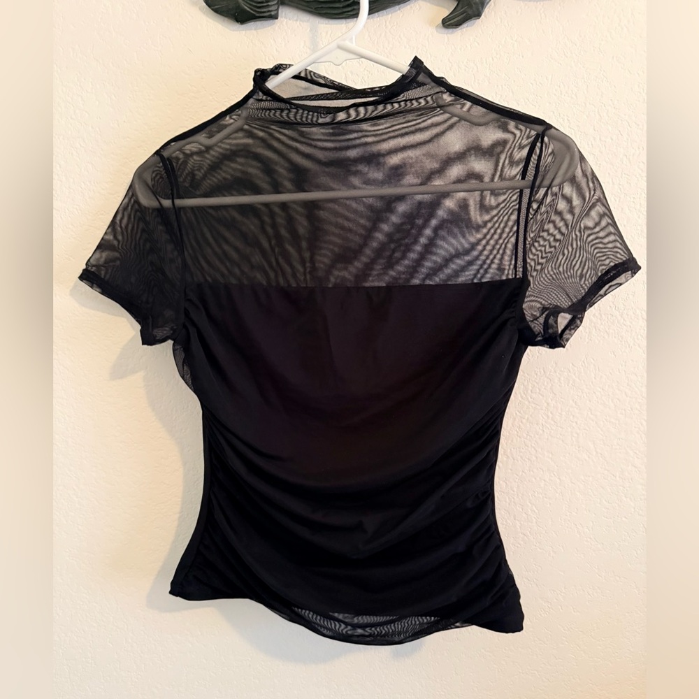 SUUKSESS Women Sexy Mesh Sheer Short Sleeve Tops Mock Neck - Picture 3 of 6